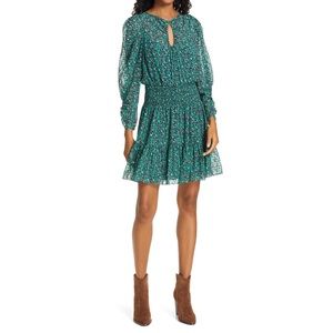 Rebecca Taylor Climbing Rose Long Sleeve Silk Blend Dress, Size X-Large - Green
